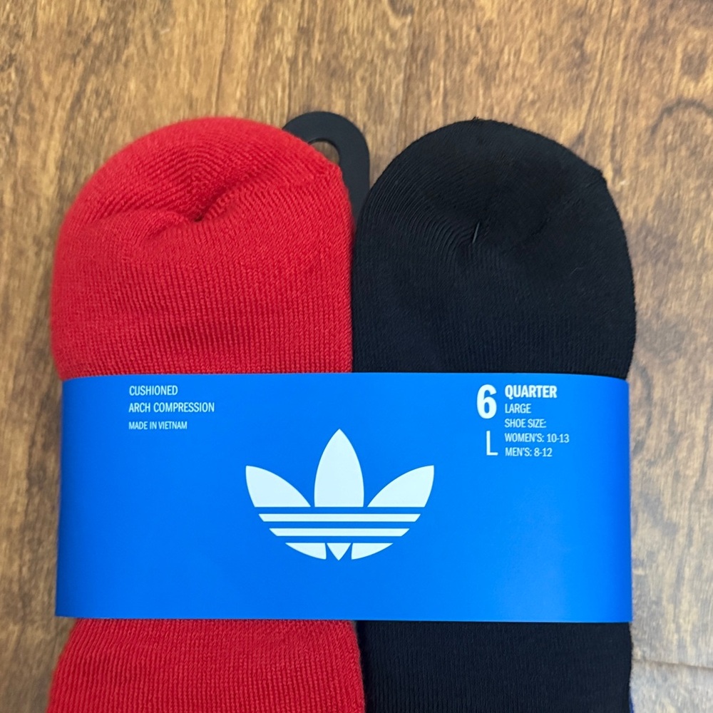 adidas Originals Six-Pack Quarter Athletic Socks - Red, Black & Blue - Picture 3 of 16